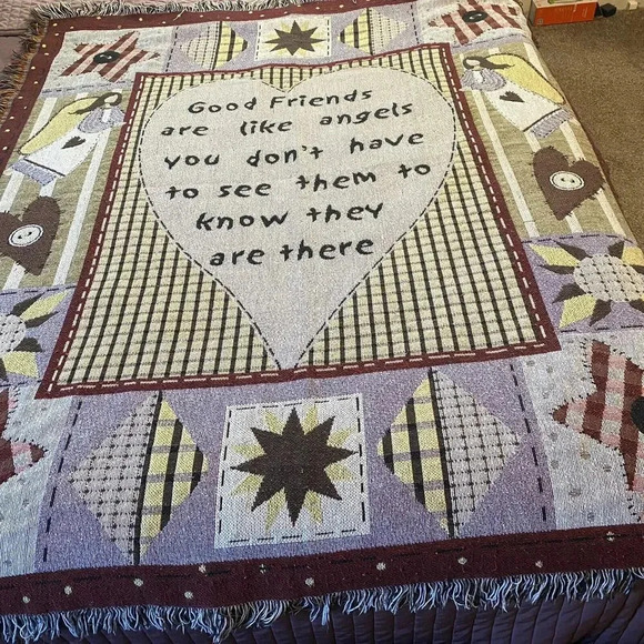 Vintage Tapestry Fringe Woven Throw Blanket Good Friends Cottagecore 46”x54” - Picture 8 of 8